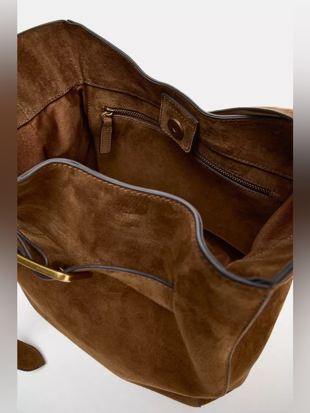 Suede 100% real leather Bucket Shoulder Bag in Brown with Belt detail - Picture 2 of 7